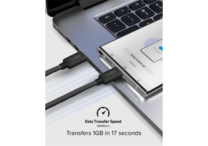 SBS USB-C - USB-C-Textilkabel mit Kabelhalter, 1,5 Met