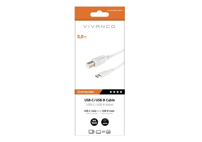 Vivanco USB-C/USB-B Kabel, M-M, 1,8m, weiß