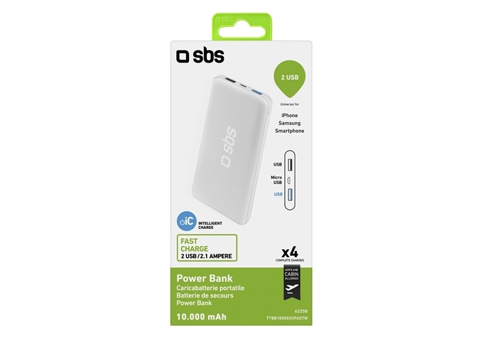 SBS Power Bank Extra Slim mit 10000 mAh mit Schnelllad