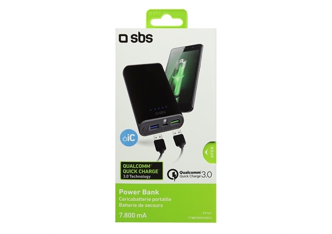 SBS Quick charge Powerbank, Taschenlampe, 7800 mAh