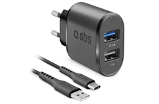SBS USB-Reiseladeset mit Type-C-Kabel (schwarz)
