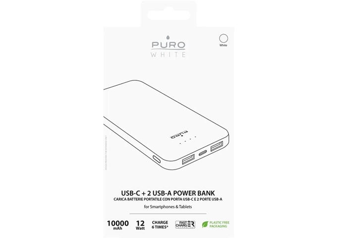 Puro 10000mAh Power Bank USB-C + 2 USB-A Fast Charge